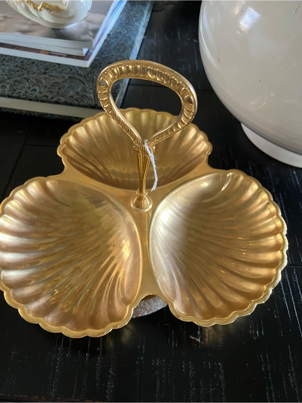 Gold Three-Compartment Shell Serving Tray with Handle by Irvinware